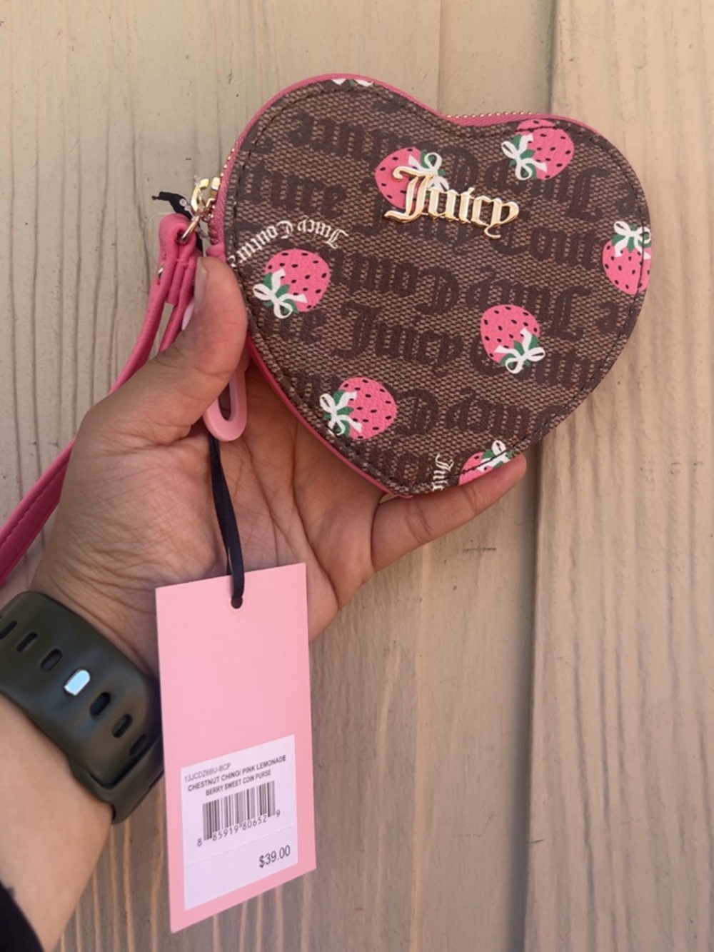 Juicy Couture Brown & Pink Heart Strawberry Wristlet Coin Purse